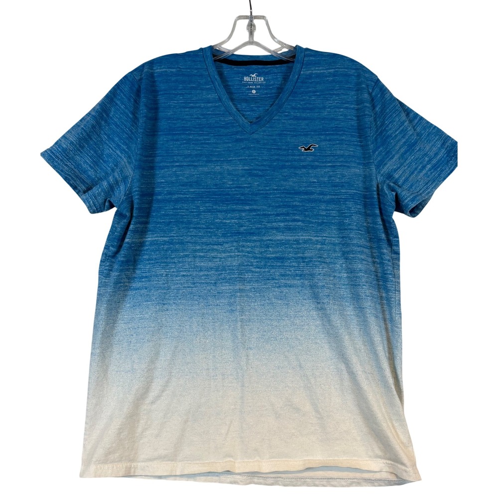 Hollister Mens Blue Ombre V-Neck Tee Shirt •L• Cotton Slub Knit Beachy Surf Soft